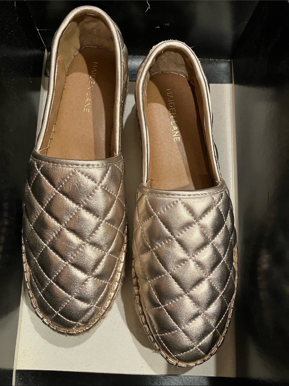 Quilted Metallic Espadrille Slip-Ons in Rose Gold